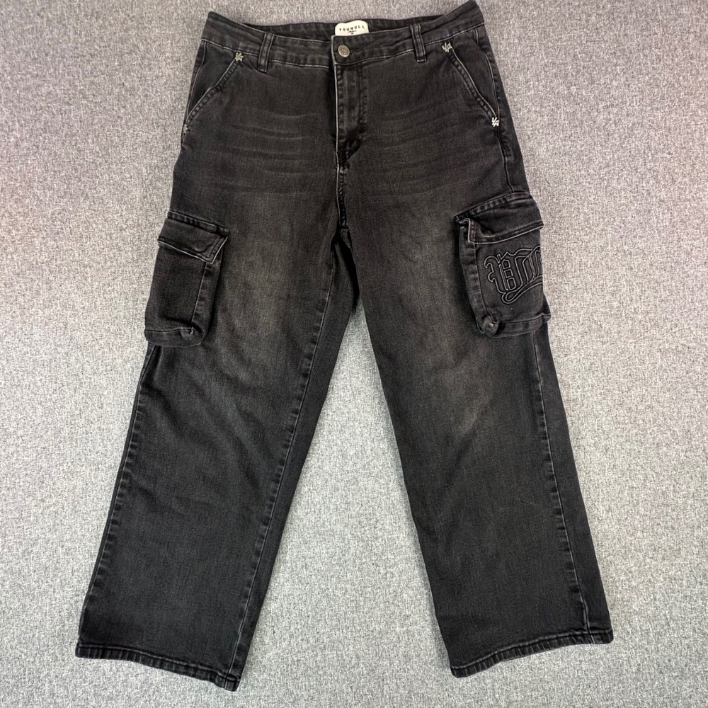 Youngla Cargo Pants Mens M 6019 Black Washed Straight Leg Utility Denim Stretch